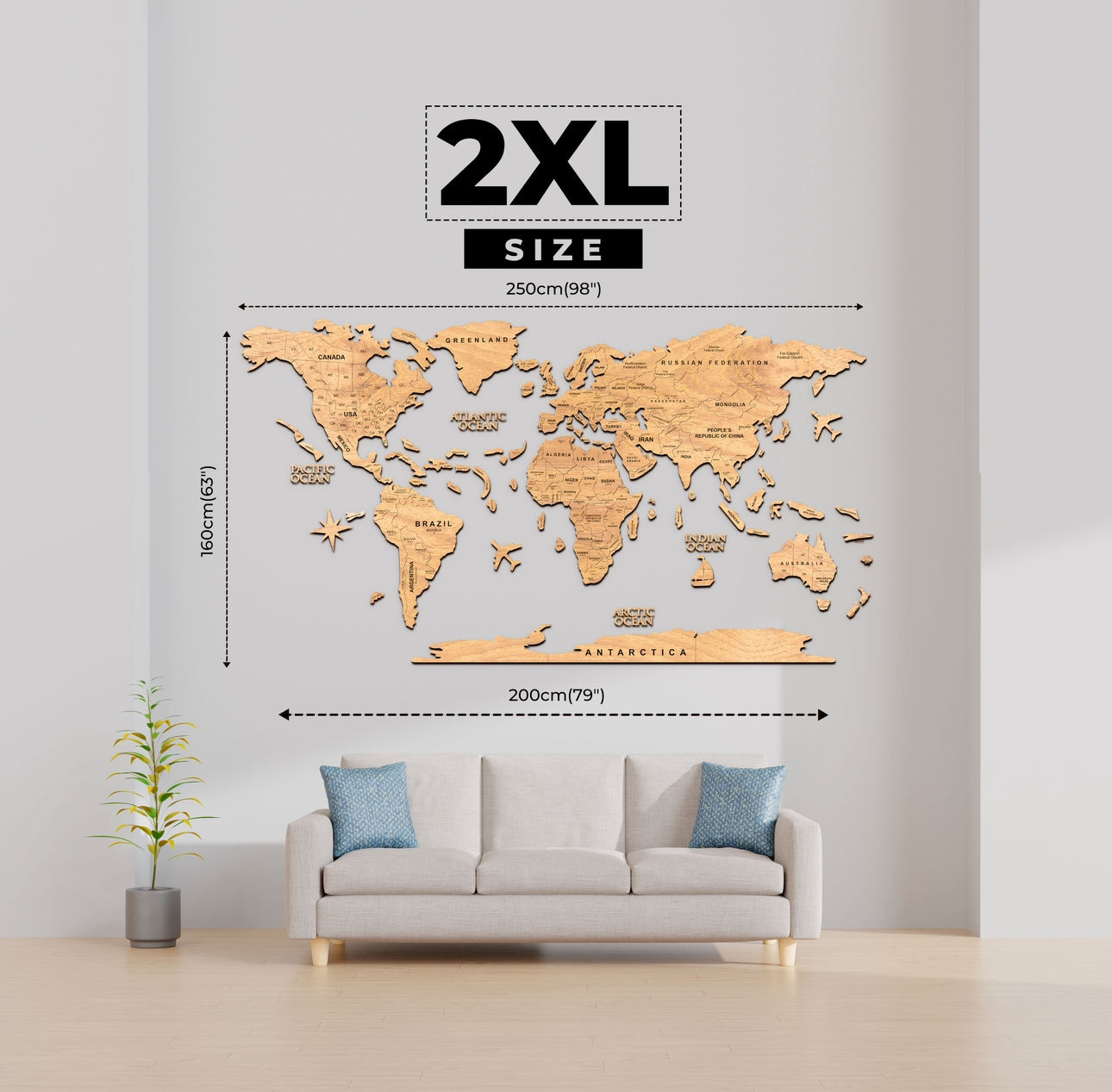 2D Mapa Decorativo "minimalist" em Madeira 100% natural com oferta de pins de bandeiras de todos os países do mundo (287) por tempo limitado! ⏳