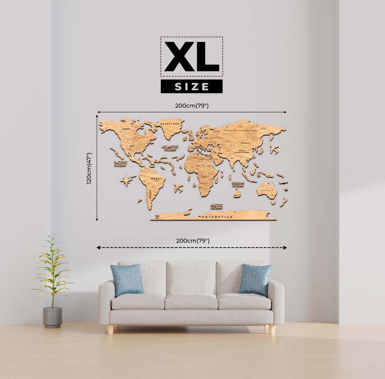 2D Mapa Decorativo "minimalist" em Madeira 100% natural com oferta de pins de bandeiras de todos os países do mundo (287) por tempo limitado! ⏳