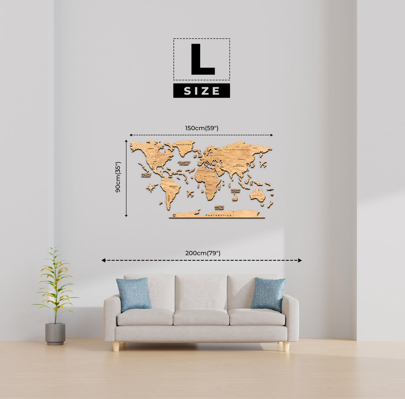 2D Mapa Decorativo "minimalist" em Madeira 100% natural com oferta de pins de bandeiras de todos os países do mundo (287) por tempo limitado! ⏳