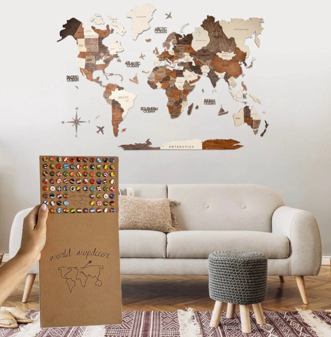 3D Mapa decorativo Multicolor em Madeira 100% natural com oferta de placa com pins de bandeiras de todos os países do mundo por tempo limitado! ⏳