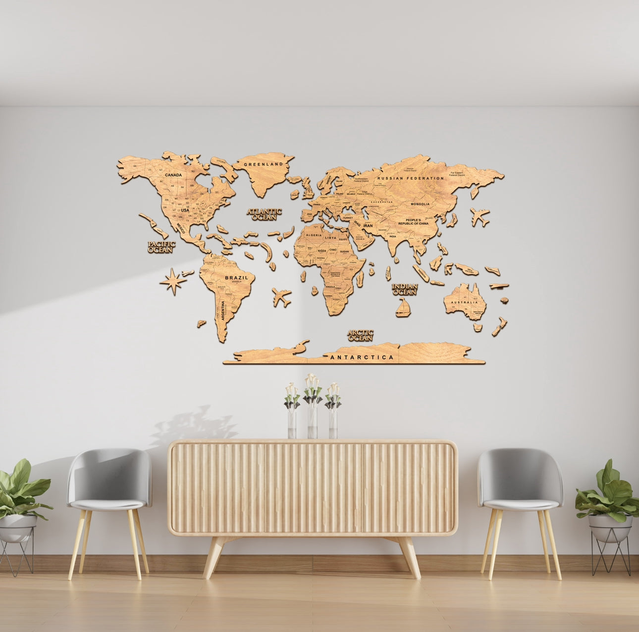 2D Mapa Decorativo "minimalist" em Madeira 100% natural com oferta de pins de bandeiras de todos os países do mundo (287) por tempo limitado! ⏳