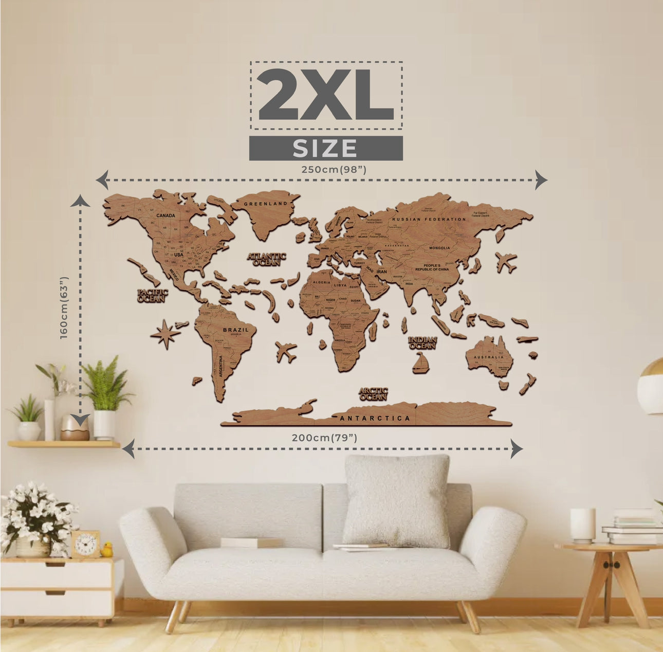 2D Mapa Decorativo "Terra" em Madeira 100% natural com oferta de pins de bandeiras de todos os países do mundo (287) por tempo limitado!⏳