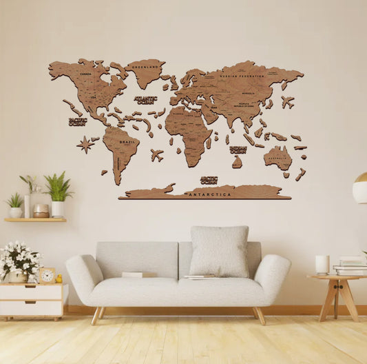 2D Mapa Decorativo "Terra" em Madeira 100% natural com oferta de pins de bandeiras de todos os países do mundo (287) por tempo limitado!⏳