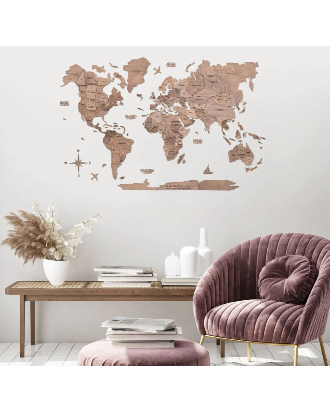 3D Mapa decorativo "Terra" em Madeira 100% natural com oferta de placa com pins de bandeiras de todos os países do mundo (287) por tempo limitado! ⏳