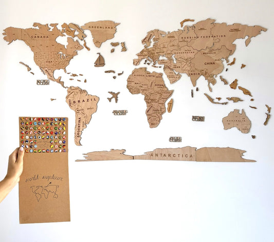 2D Mapa Decorativo "minimalist" em Madeira 100% natural com oferta de pins de bandeiras de todos os países do mundo (287) por tempo limitado! ⏳