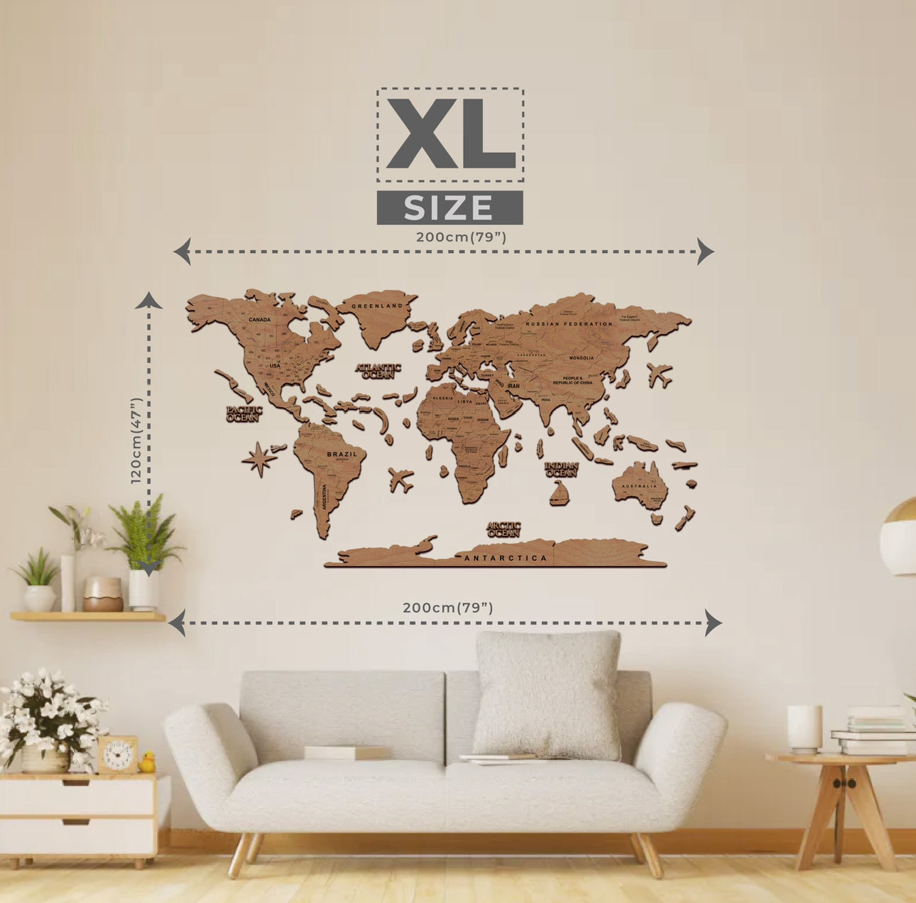 2D Mapa Decorativo "Terra" em Madeira 100% natural com oferta de pins de bandeiras de todos os países do mundo (287) por tempo limitado!⏳