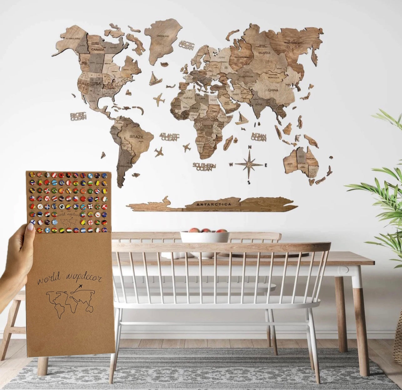 3D Mapa decorativo "Terra" em Madeira 100% natural com oferta de placa com pins de bandeiras de todos os países do mundo (287) por tempo limitado! ⏳