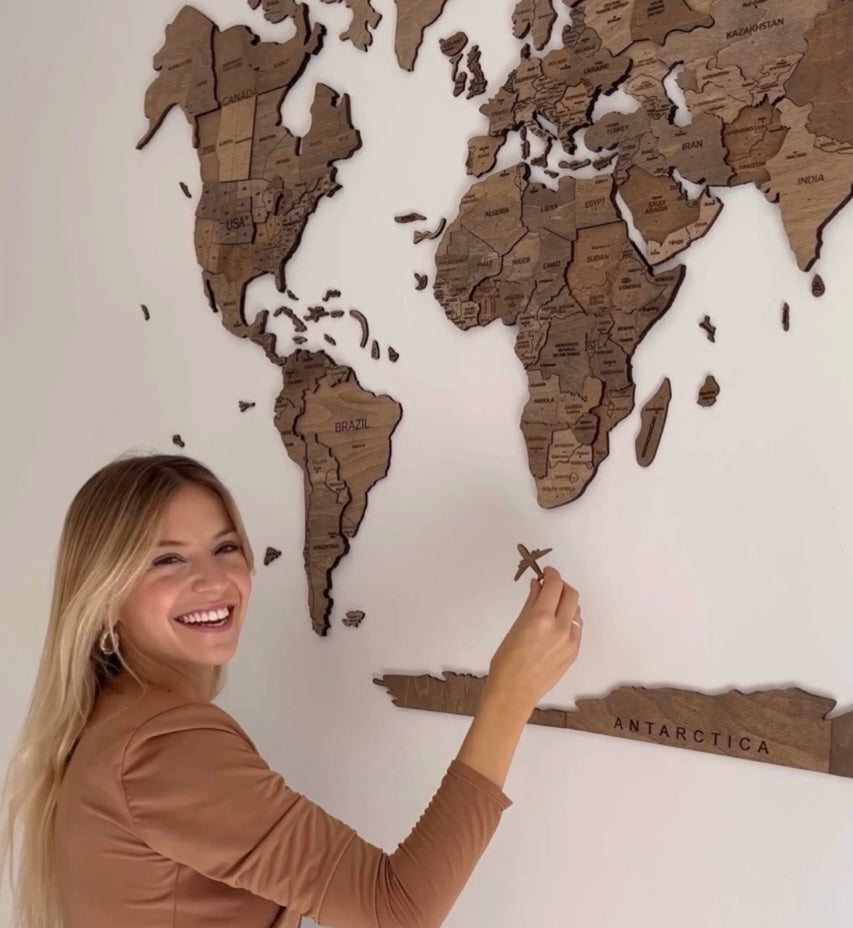3D Mapa decorativo "Terra" em Madeira 100% natural com oferta de placa com pins de bandeiras de todos os países do mundo!