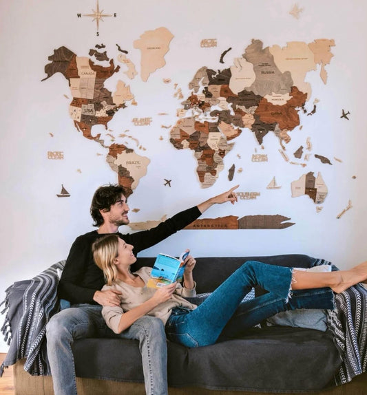 3D Mapa decorativo Multicolor em Madeira 100% natural com oferta de placa com pins de bandeiras de todos os países do mundo!