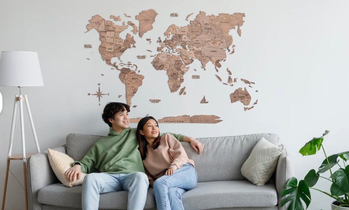 Mapa decorativo 3D "Tierra" en madera 100% natural, ¡incluye placa con banderas de todos los países del mundo!