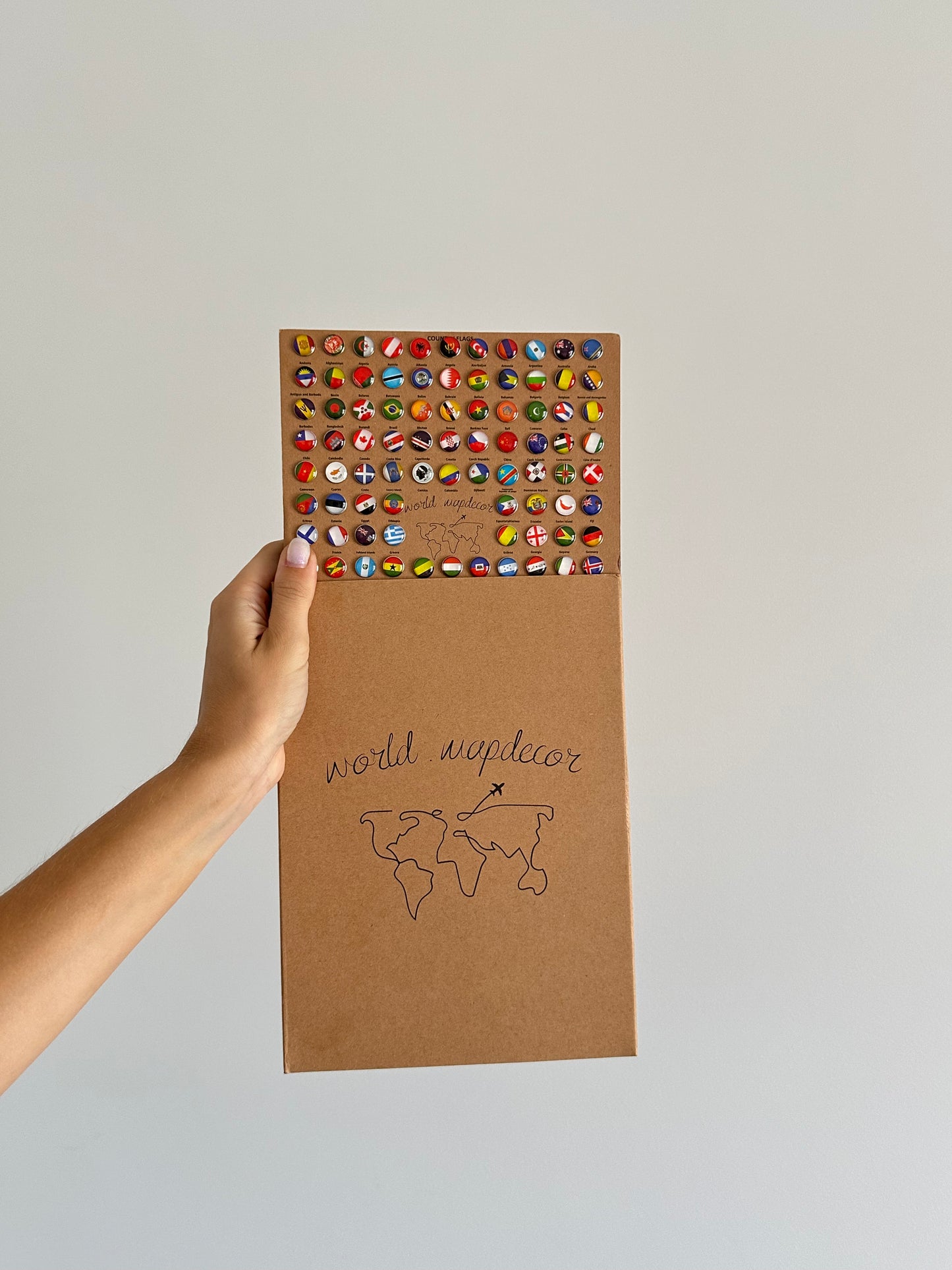 3D "Minimalist" decorative map in 100% natural wood with a gift of flag pins from every country in the world!